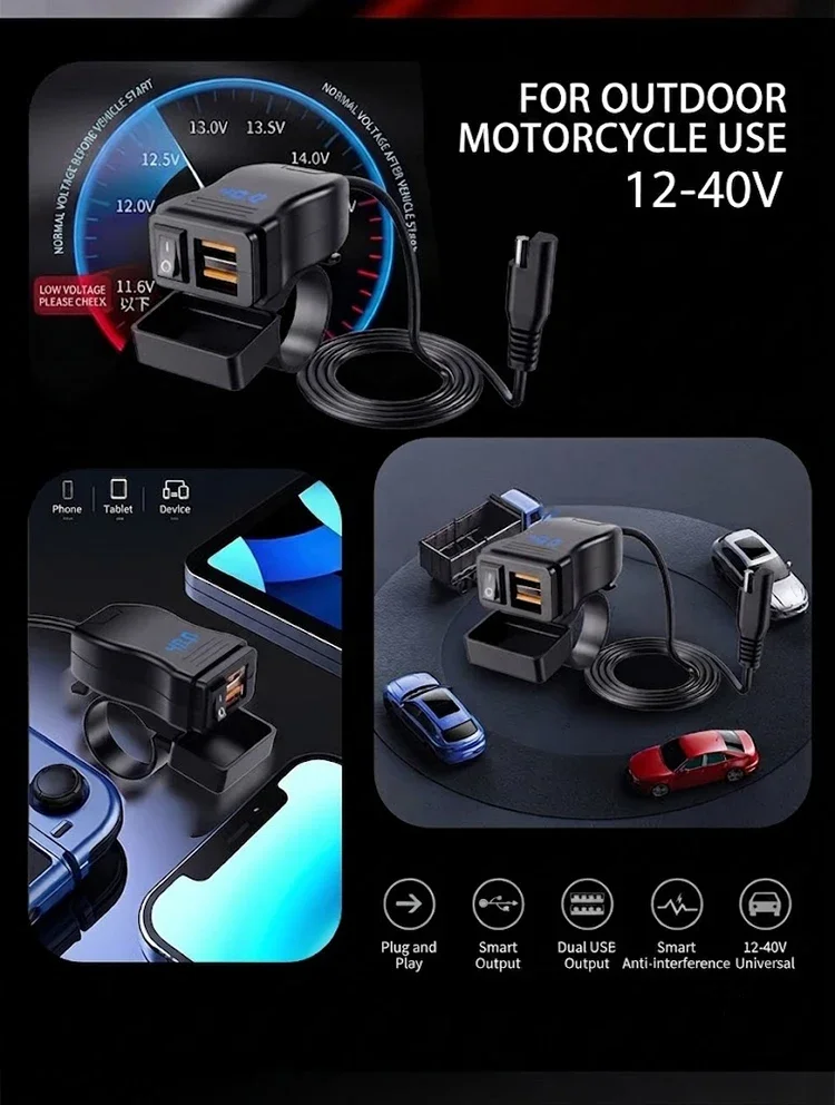 Dual QC3.0 Motorcycle USB Fast Charger Supports 12V-40V Power Supply Adapter Socket Connector with Switch LED Voltmeter Display