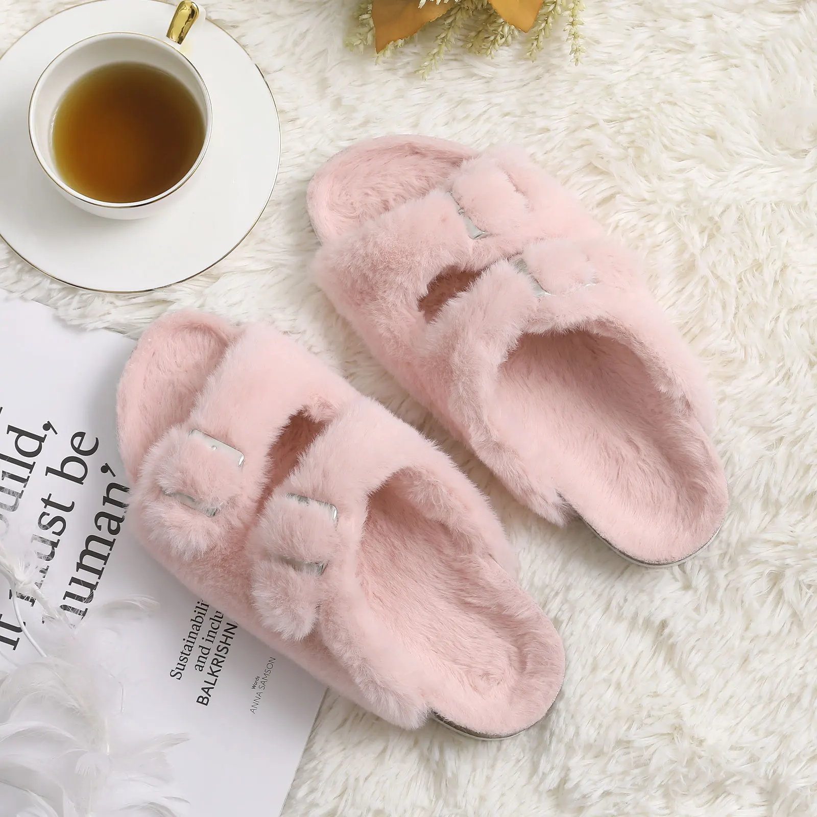 Shevalues Fuzzy Slippers Women Cork Footbed Fluffy Slide Sandals Open Toe Indoor House Shoes With Arch Support Adjustable Buckle
