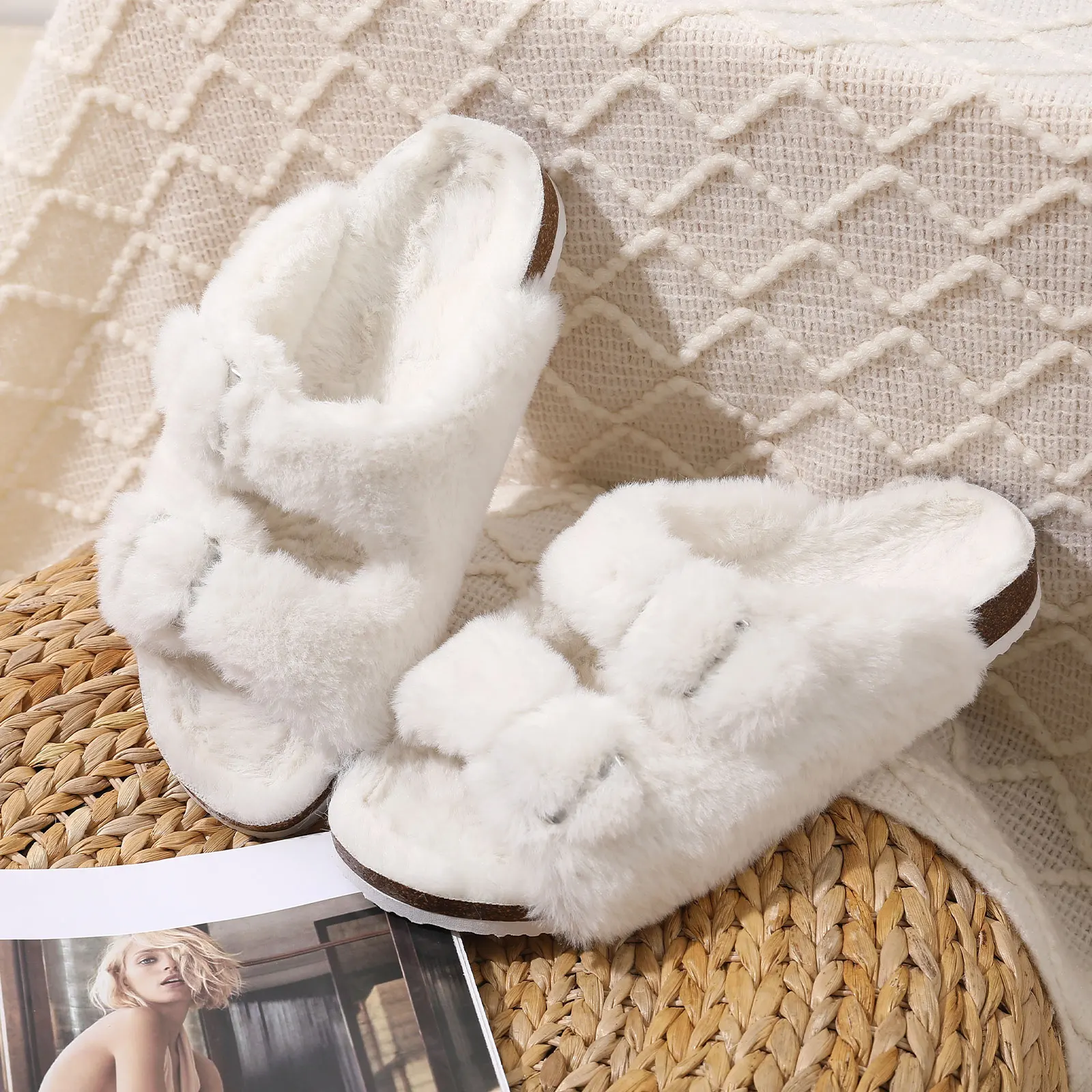 Shevalues Fuzzy Slippers Women Cork Footbed Fluffy Slide Sandals Open Toe Indoor House Shoes With Arch Support Adjustable Buckle