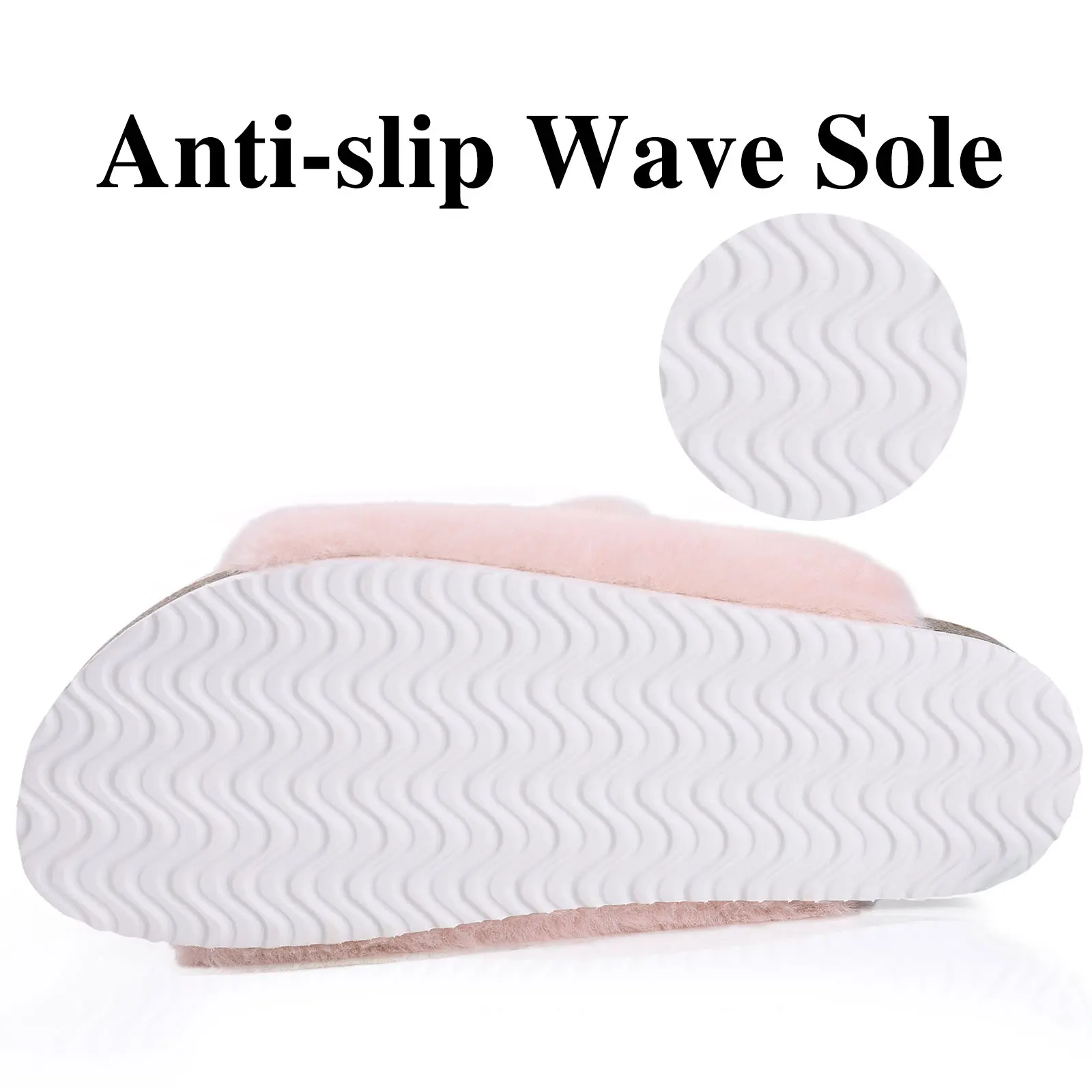 Shevalues Fuzzy Slippers Women Cork Footbed Fluffy Slide Sandals Open Toe Indoor House Shoes With Arch Support Adjustable Buckle