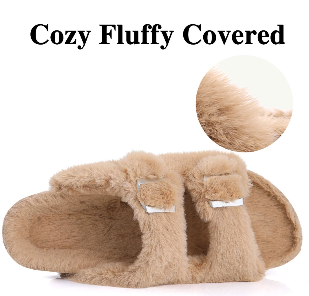 Shevalues Fuzzy Slippers Women Cork Footbed Fluffy Slide Sandals Open Toe Indoor House Shoes With Arch Support Adjustable Buckle