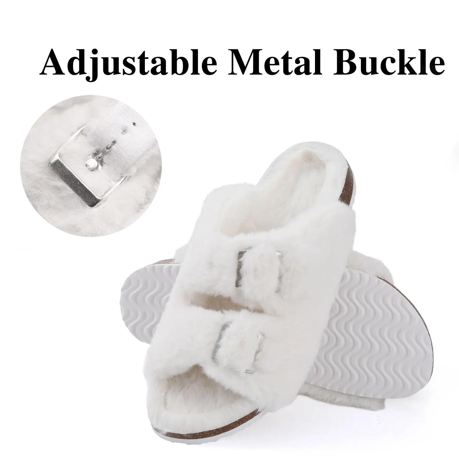 Shevalues Fuzzy Slippers Women Cork Footbed Fluffy Slide Sandals Open Toe Indoor House Shoes With Arch Support Adjustable Buckle