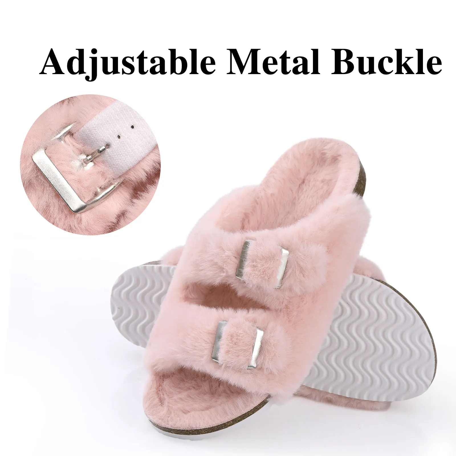 Shevalues Fuzzy Slippers Women Cork Footbed Fluffy Slide Sandals Open Toe Indoor House Shoes With Arch Support Adjustable Buckle