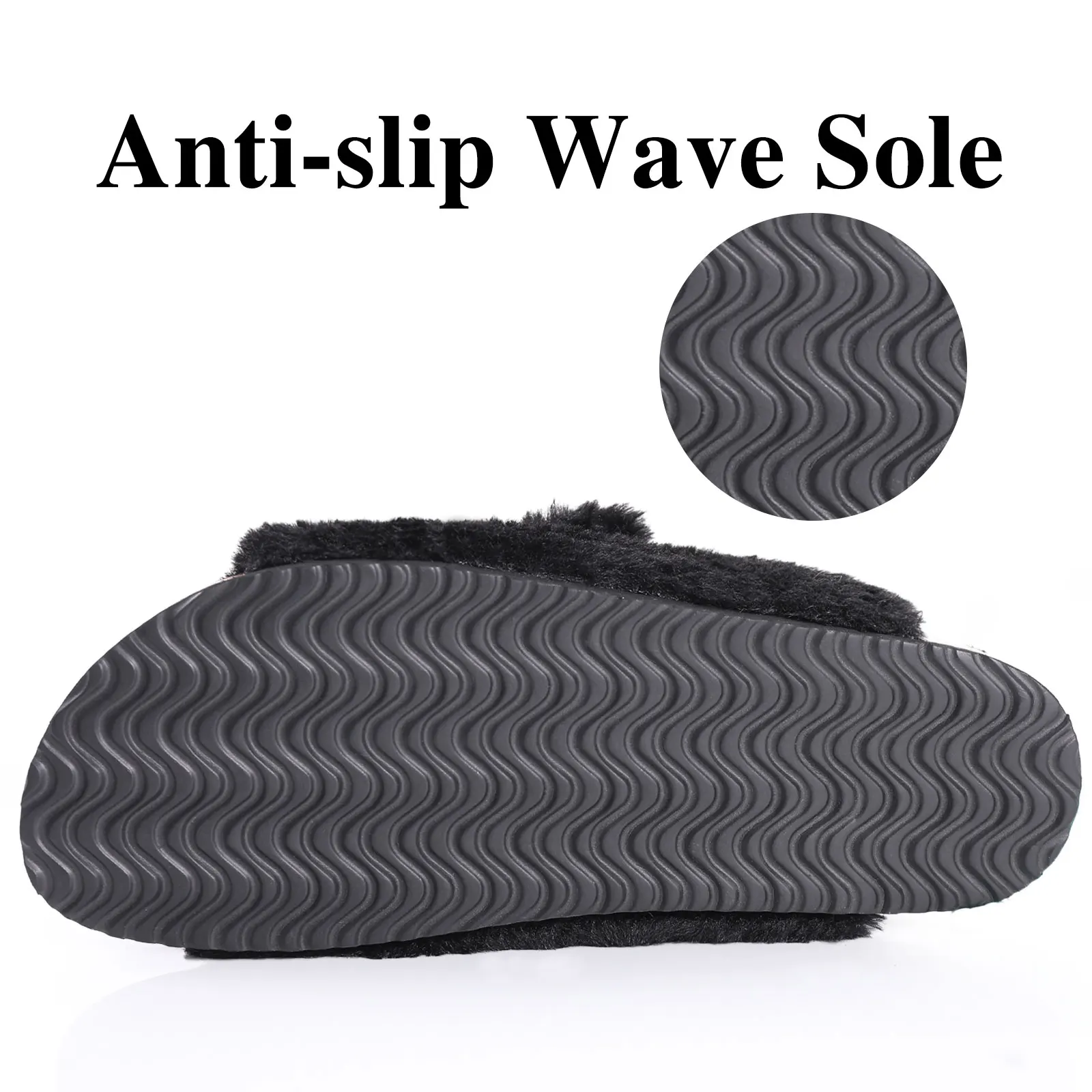 Shevalues Fuzzy Slippers Women Cork Footbed Fluffy Slide Sandals Open Toe Indoor House Shoes With Arch Support Adjustable Buckle