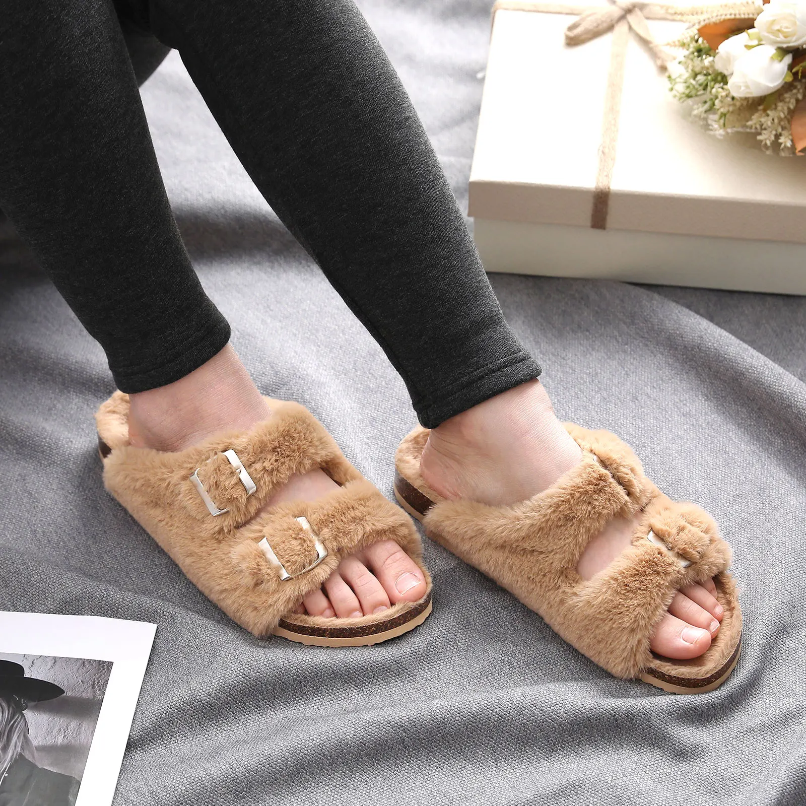 Shevalues Fuzzy Slippers Women Cork Footbed Fluffy Slide Sandals Open Toe Indoor House Shoes With Arch Support Adjustable Buckle