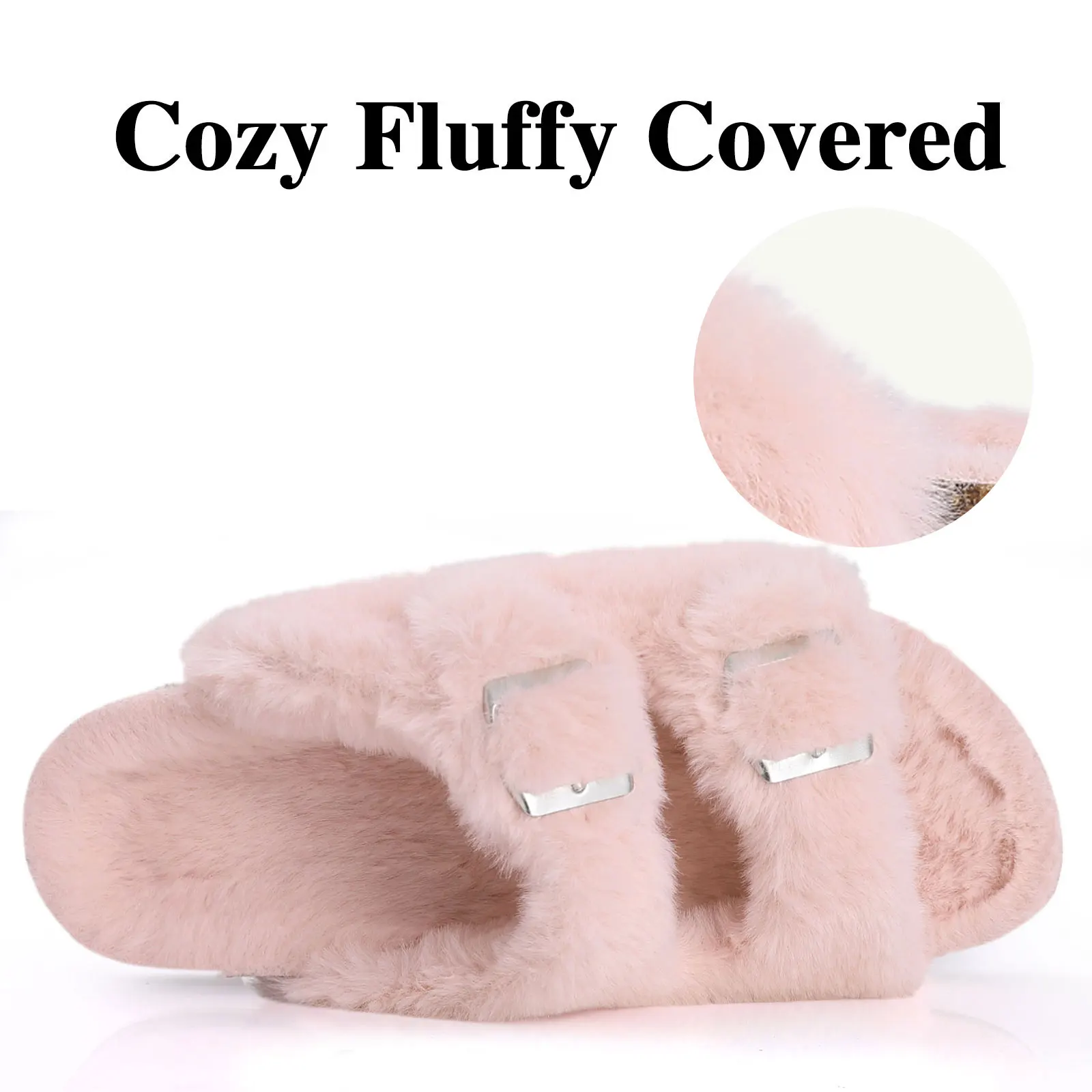 Shevalues Fuzzy Slippers Women Cork Footbed Fluffy Slide Sandals Open Toe Indoor House Shoes With Arch Support Adjustable Buckle