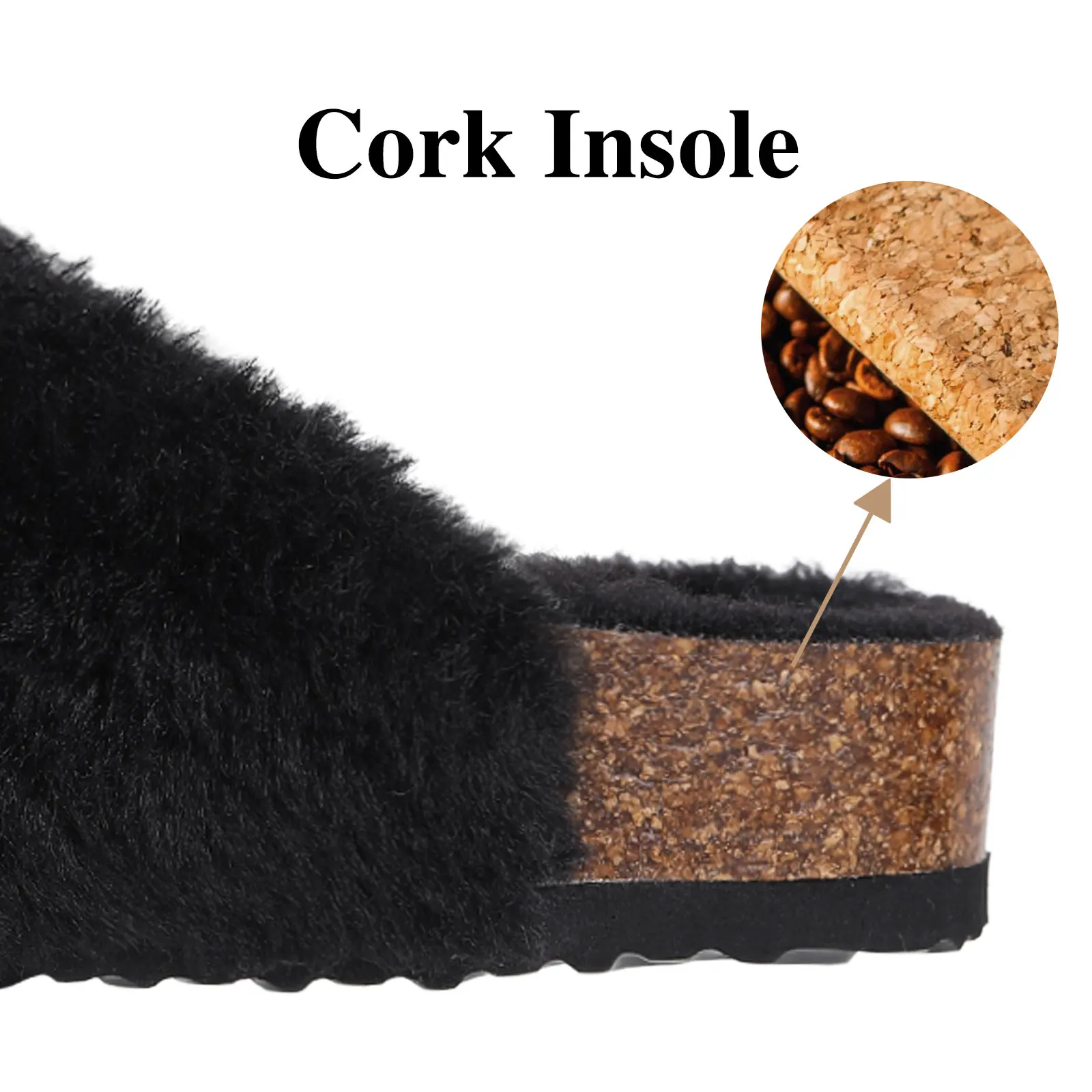Shevalues Fuzzy Slippers Women Cork Footbed Fluffy Slide Sandals Open Toe Indoor House Shoes With Arch Support Adjustable Buckle
