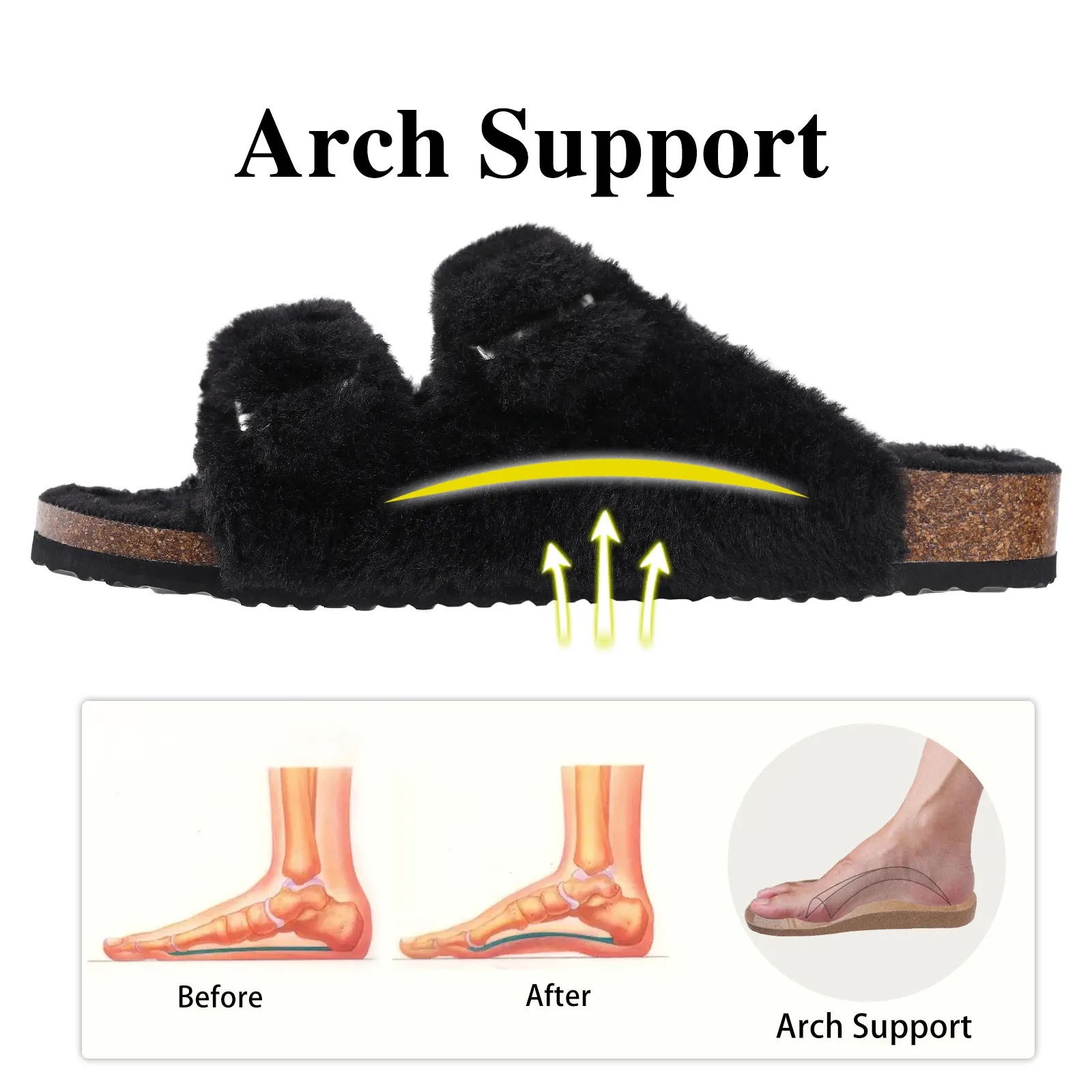 Shevalues Fuzzy Slippers Women Cork Footbed Fluffy Slide Sandals Open Toe Indoor House Shoes With Arch Support Adjustable Buckle