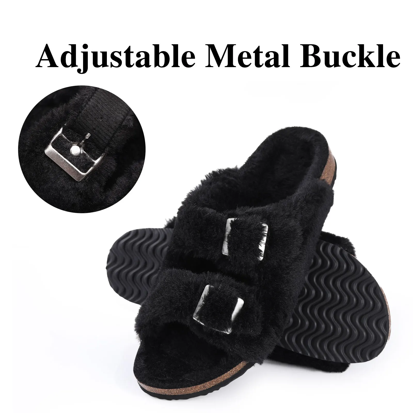 Shevalues Fuzzy Slippers Women Cork Footbed Fluffy Slide Sandals Open Toe Indoor House Shoes With Arch Support Adjustable Buckle