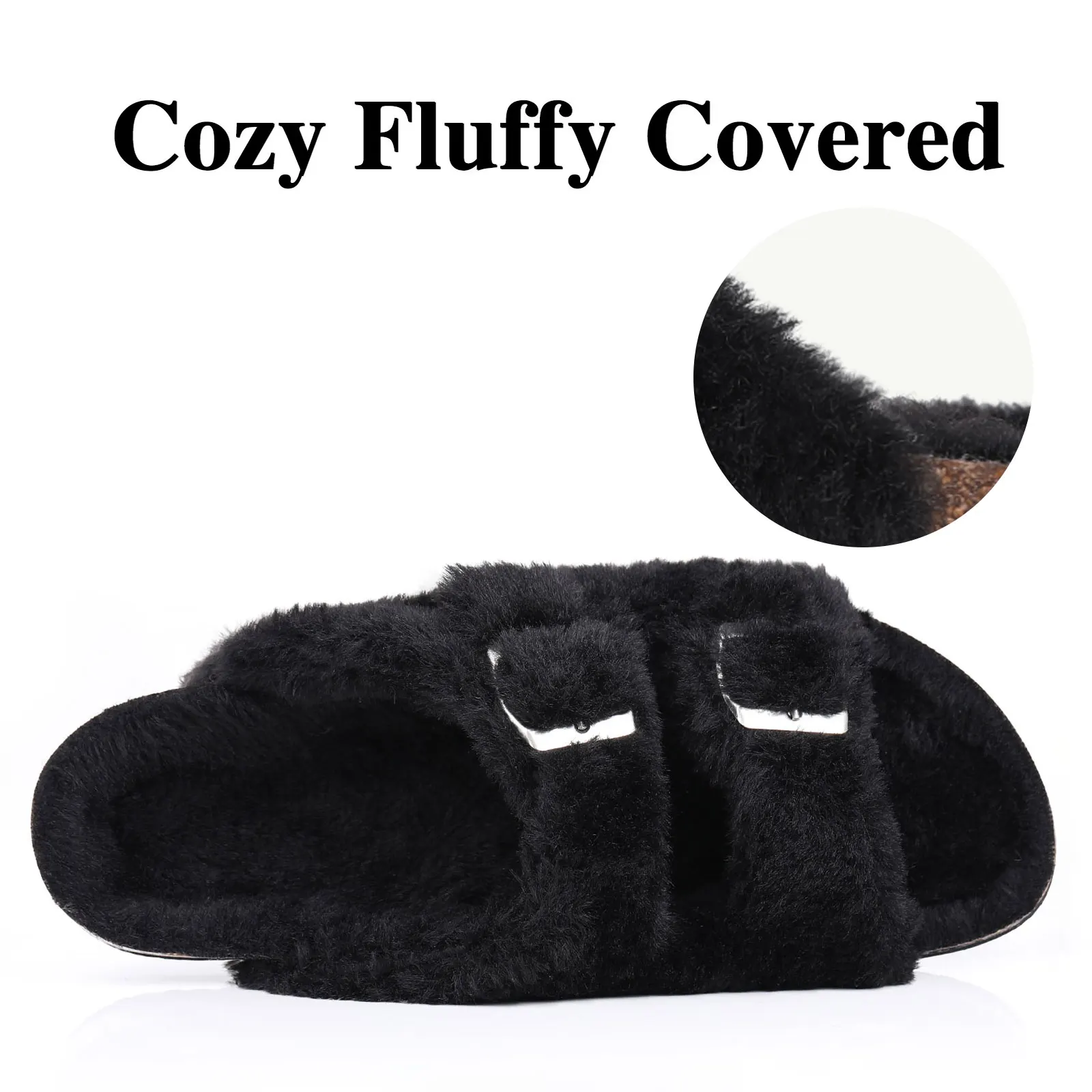 Shevalues Fuzzy Slippers Women Cork Footbed Fluffy Slide Sandals Open Toe Indoor House Shoes With Arch Support Adjustable Buckle