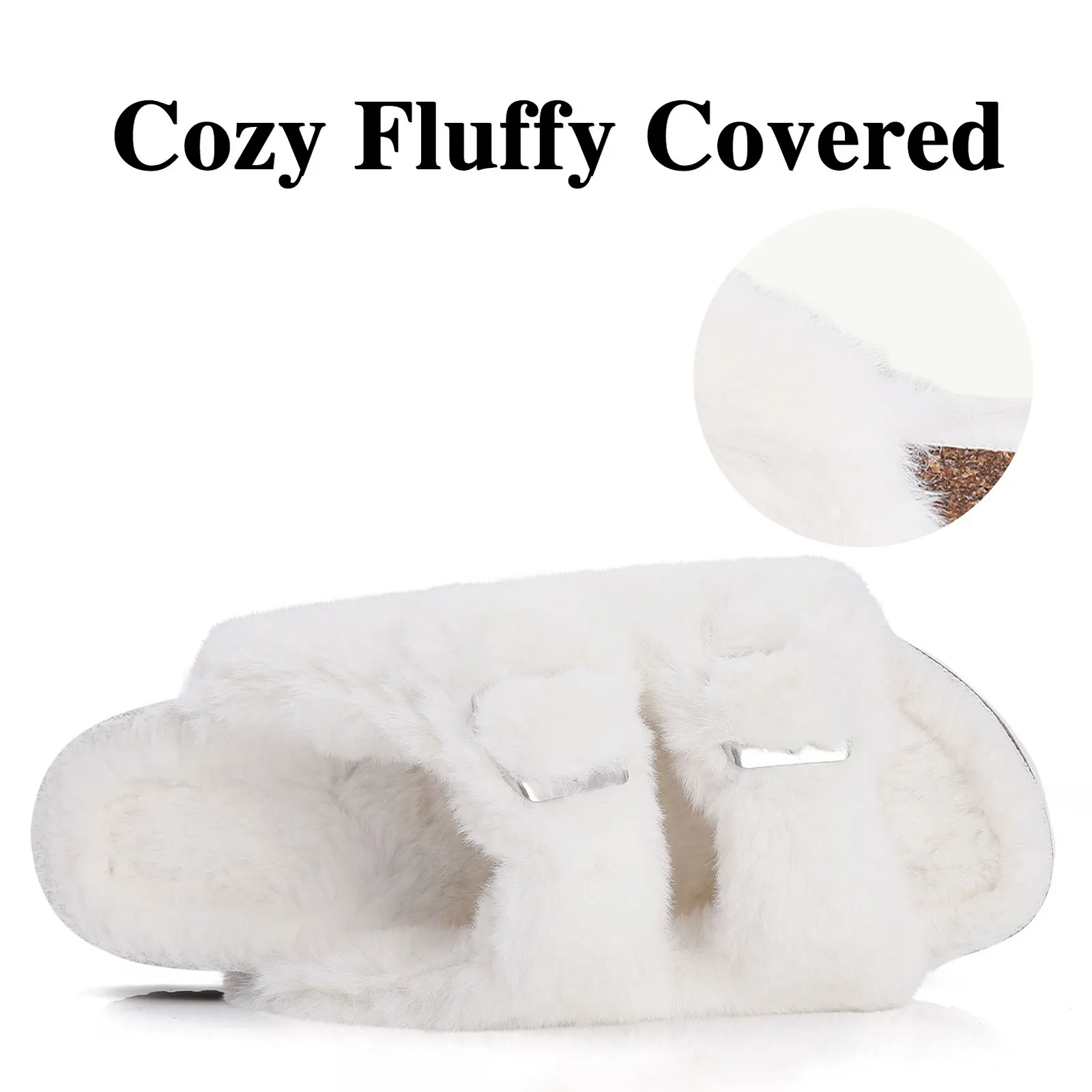 Shevalues Fuzzy Slippers Women Cork Footbed Fluffy Slide Sandals Open Toe Indoor House Shoes With Arch Support Adjustable Buckle