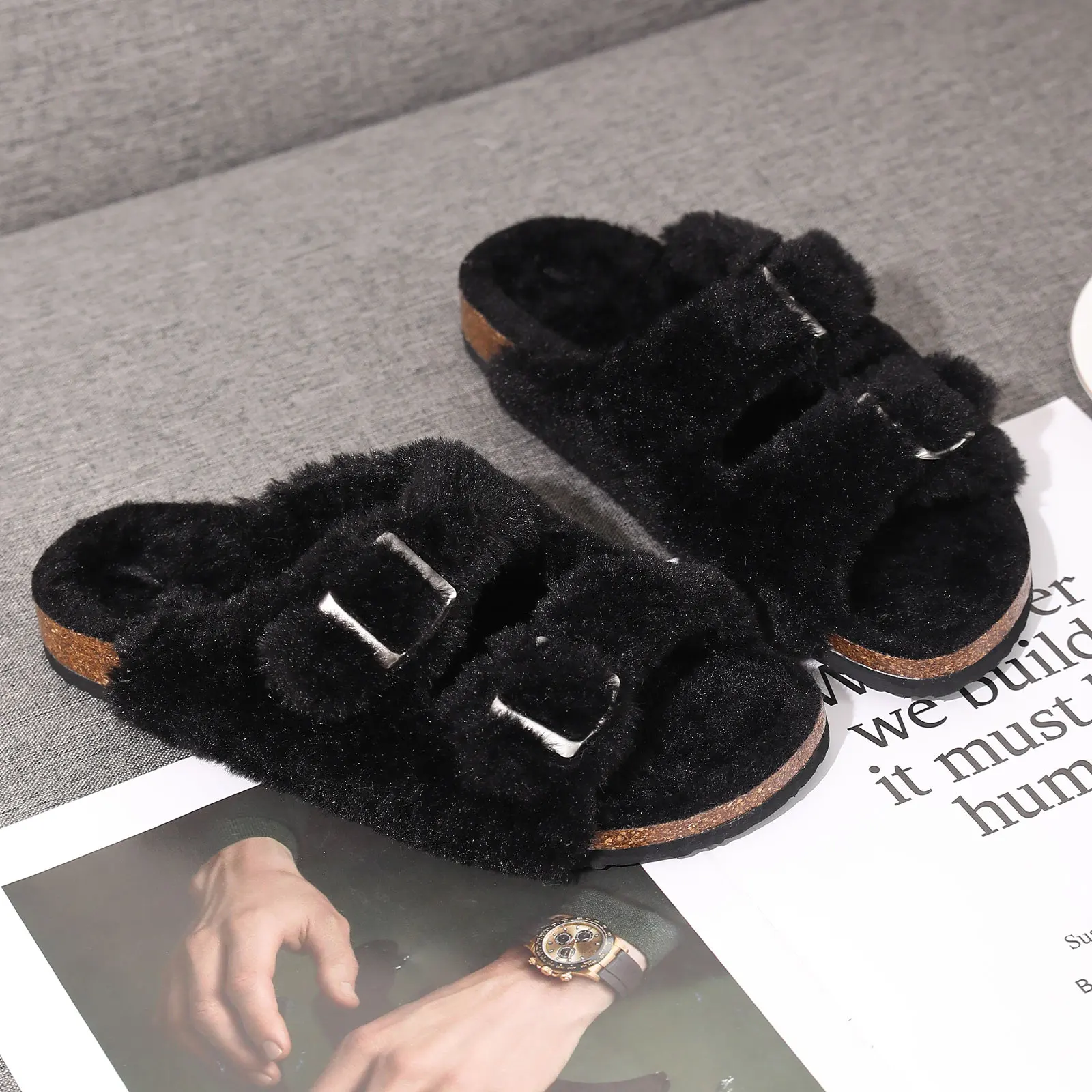 Shevalues Fuzzy Slippers Women Cork Footbed Fluffy Slide Sandals Open Toe Indoor House Shoes With Arch Support Adjustable Buckle