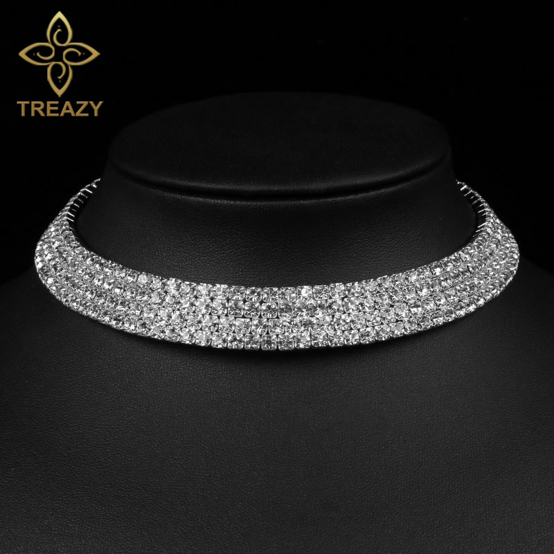 TREAZY Women Diamante Rhinestone Choker Necklace Silver Color Wedding Bridal Party Crystal Collar Choker Chain Necklace Jewelry