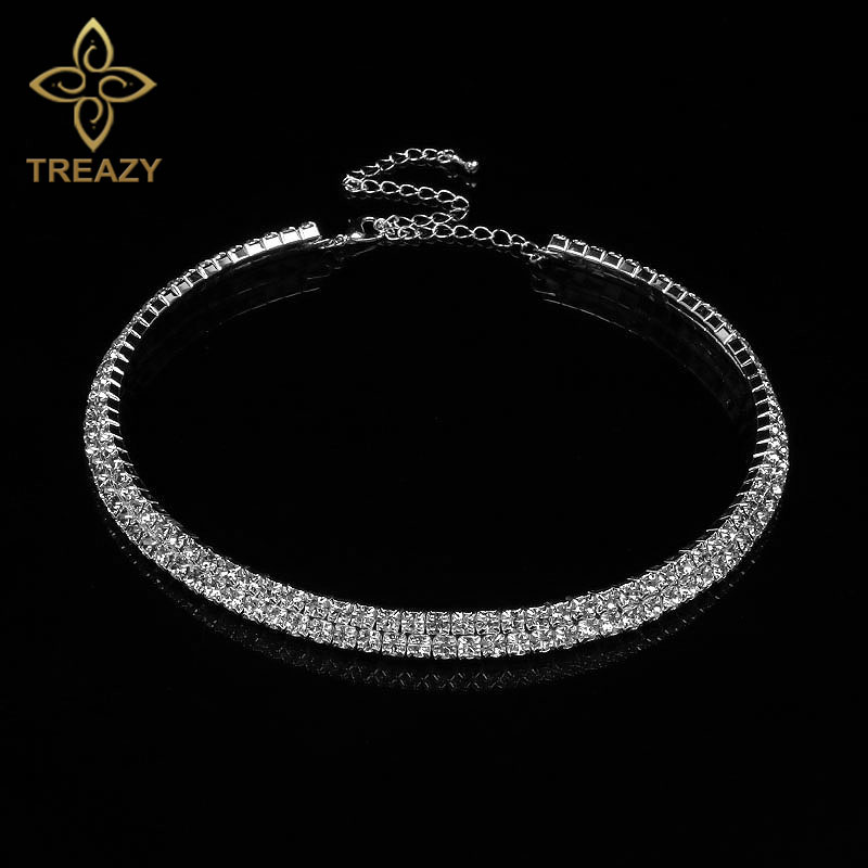 TREAZY Women Diamante Rhinestone Choker Necklace Silver Color Wedding Bridal Party Crystal Collar Choker Chain Necklace Jewelry