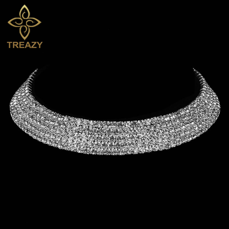 TREAZY Women Diamante Rhinestone Choker Necklace Silver Color Wedding Bridal Party Crystal Collar Choker Chain Necklace Jewelry