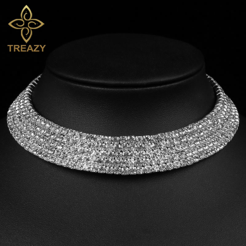 TREAZY Women Diamante Rhinestone Choker Necklace Silver Color Wedding Bridal Party Crystal Collar Choker Chain Necklace Jewelry