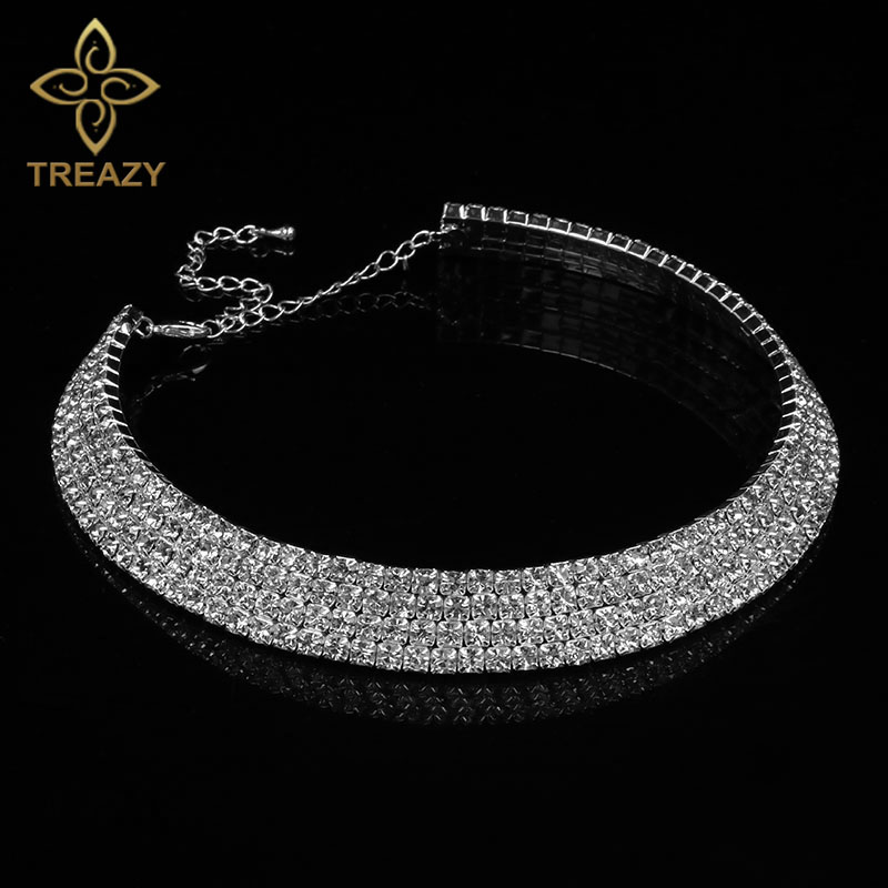 TREAZY Women Diamante Rhinestone Choker Necklace Silver Color Wedding Bridal Party Crystal Collar Choker Chain Necklace Jewelry