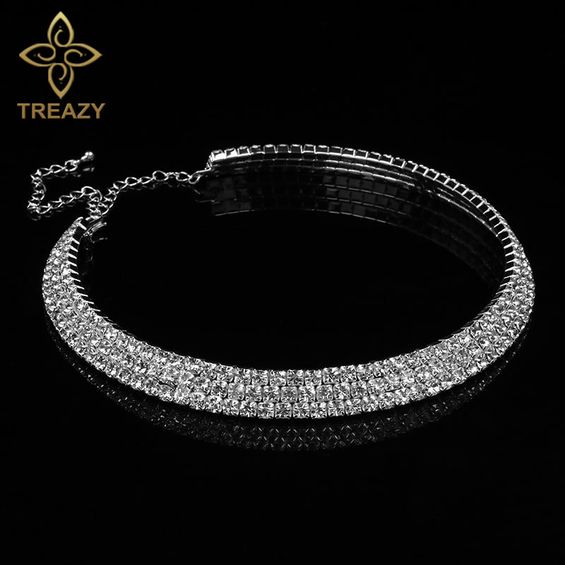 TREAZY Women Diamante Rhinestone Choker Necklace Silver Color Wedding Bridal Party Crystal Collar Choker Chain Necklace Jewelry