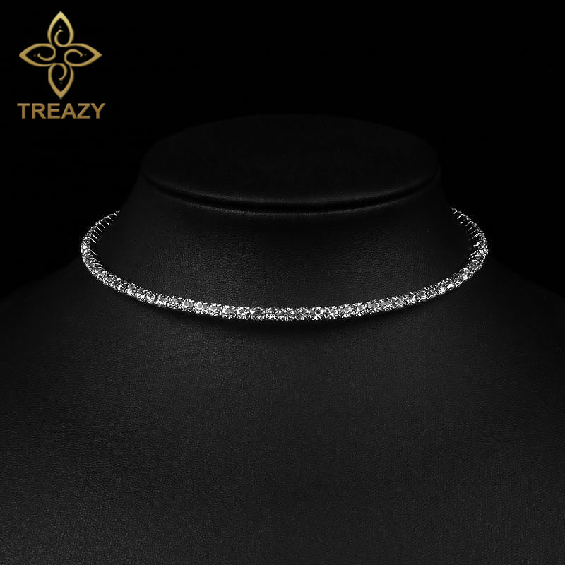 TREAZY Women Diamante Rhinestone Choker Necklace Silver Color Wedding Bridal Party Crystal Collar Choker Chain Necklace Jewelry