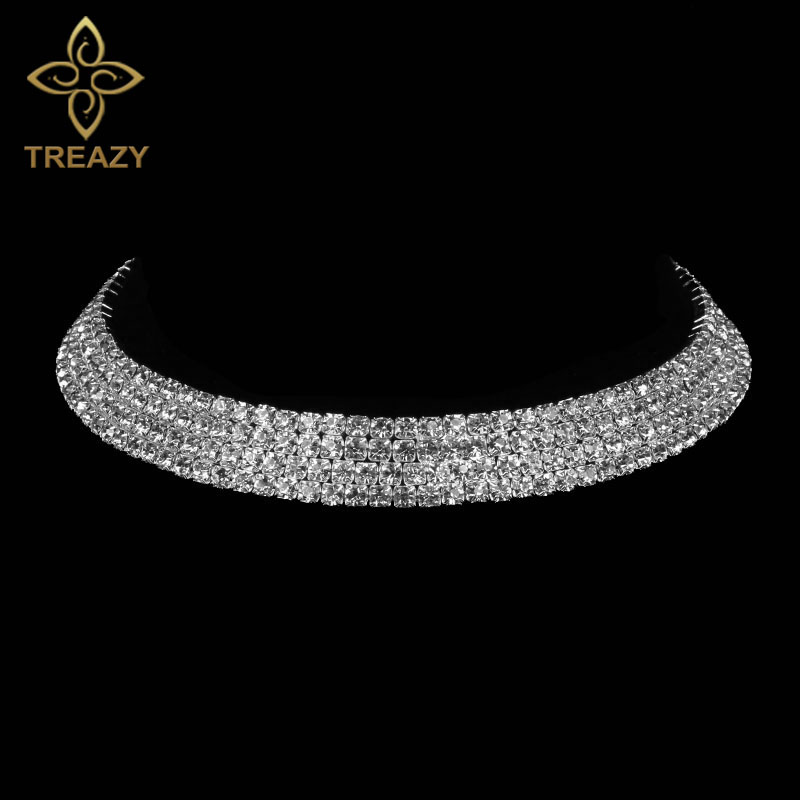 TREAZY Women Diamante Rhinestone Choker Necklace Silver Color Wedding Bridal Party Crystal Collar Choker Chain Necklace Jewelry