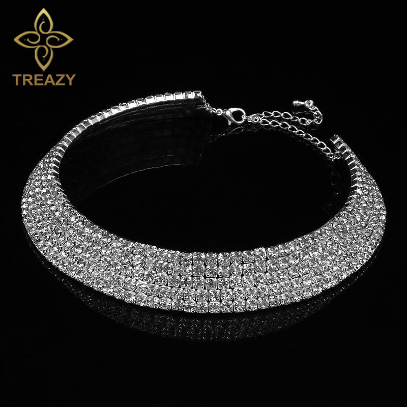 TREAZY Women Diamante Rhinestone Choker Necklace Silver Color Wedding Bridal Party Crystal Collar Choker Chain Necklace Jewelry