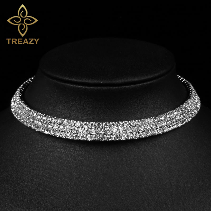 TREAZY Women Diamante Rhinestone Choker Necklace Silver Color Wedding Bridal Party Crystal Collar Choker Chain Necklace Jewelry