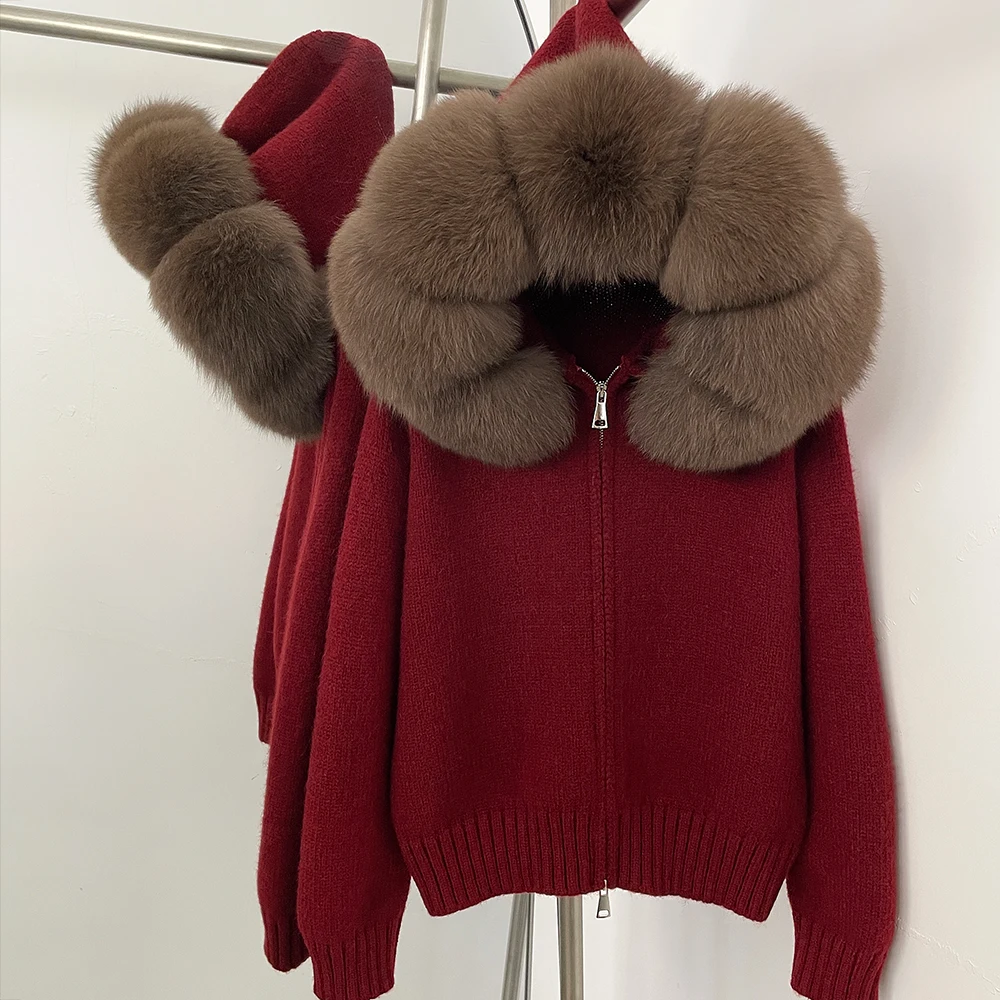 OFTBUY New Fashion Autumn Winter Casual Hooded Real Fox Fur Collar Fashion Short Knitted Jacket with Natural Fur Coat for Women