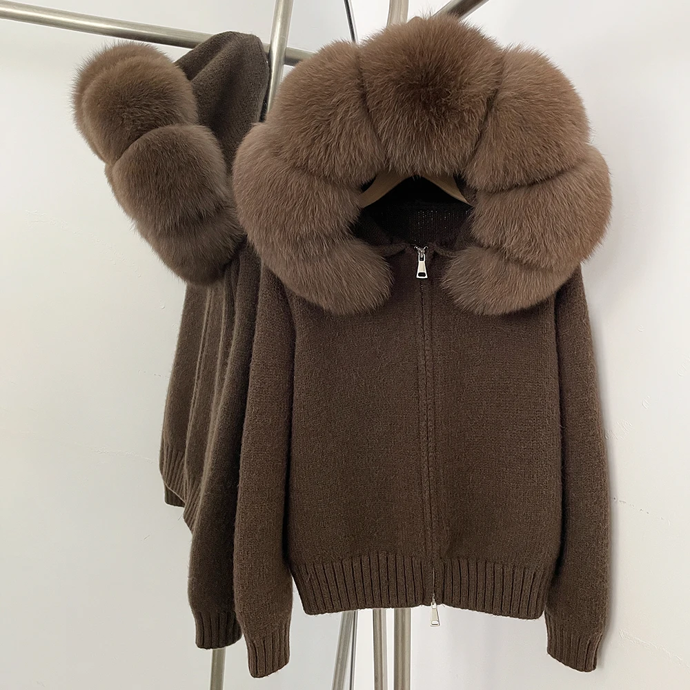 OFTBUY New Fashion Autumn Winter Casual Hooded Real Fox Fur Collar Fashion Short Knitted Jacket with Natural Fur Coat for Women