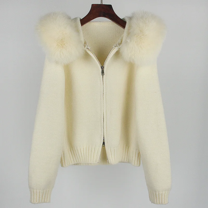 OFTBUY New Fashion Autumn Winter Casual Hooded Real Fox Fur Collar Fashion Short Knitted Jacket with Natural Fur Coat for Women