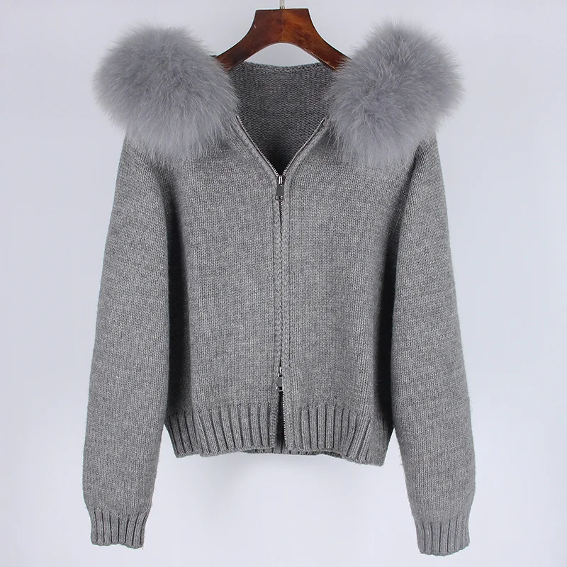 OFTBUY New Fashion Autumn Winter Casual Hooded Real Fox Fur Collar Fashion Short Knitted Jacket with Natural Fur Coat for Women