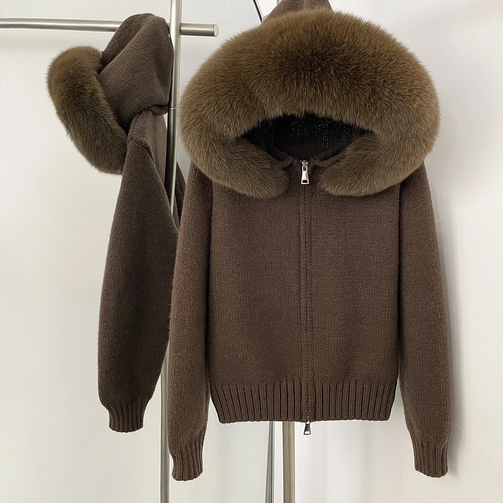 OFTBUY New Fashion Autumn Winter Casual Hooded Real Fox Fur Collar Fashion Short Knitted Jacket with Natural Fur Coat for Women
