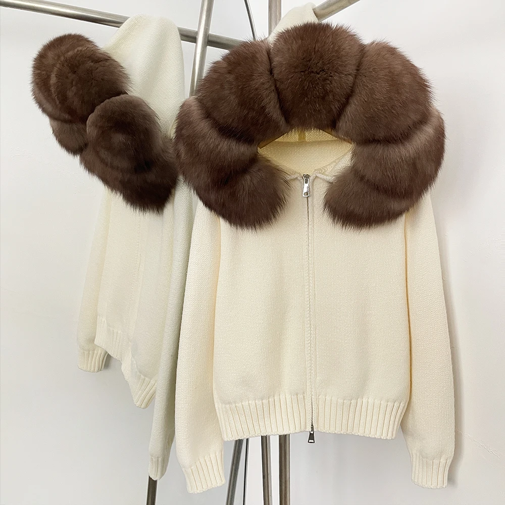 OFTBUY New Fashion Autumn Winter Casual Hooded Real Fox Fur Collar Fashion Short Knitted Jacket with Natural Fur Coat for Women