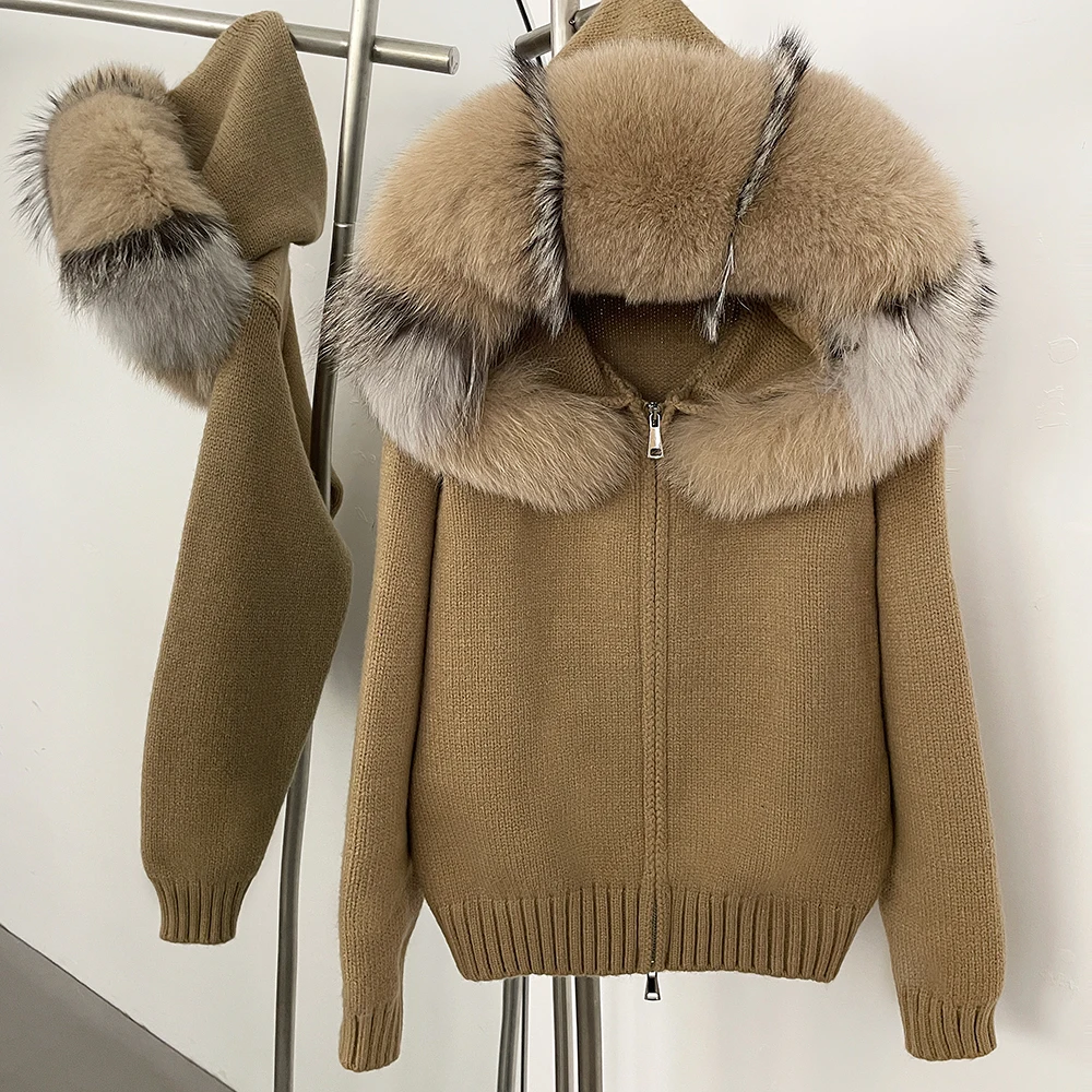 OFTBUY New Fashion Autumn Winter Casual Hooded Real Fox Fur Collar Fashion Short Knitted Jacket with Natural Fur Coat for Women