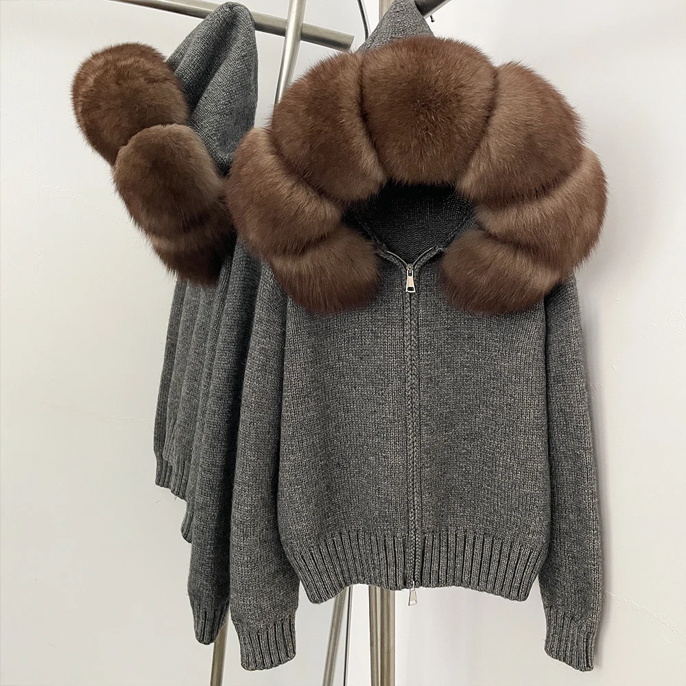 OFTBUY New Fashion Autumn Winter Casual Hooded Real Fox Fur Collar Fashion Short Knitted Jacket with Natural Fur Coat for Women