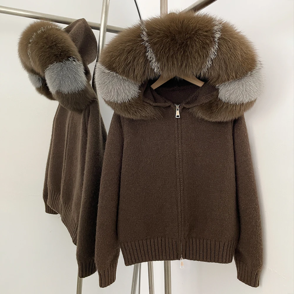 OFTBUY New Fashion Autumn Winter Casual Hooded Real Fox Fur Collar Fashion Short Knitted Jacket with Natural Fur Coat for Women