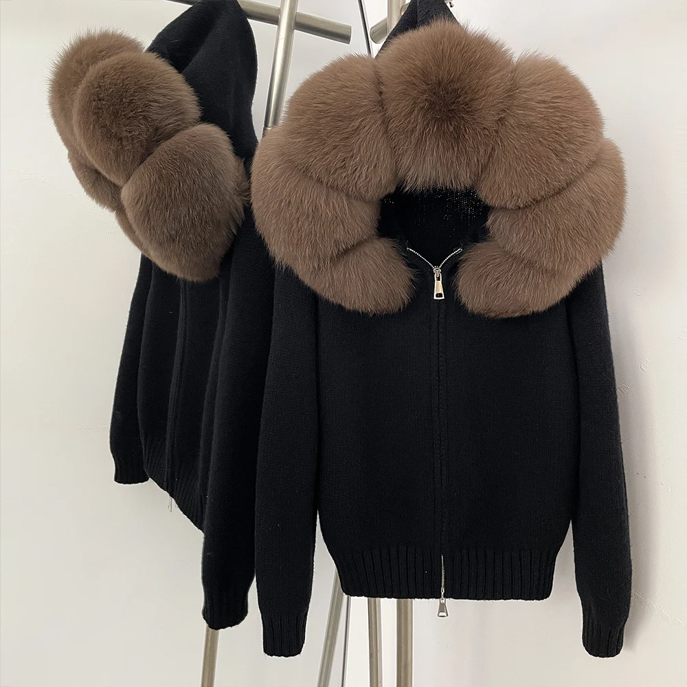 OFTBUY New Fashion Autumn Winter Casual Hooded Real Fox Fur Collar Fashion Short Knitted Jacket with Natural Fur Coat for Women