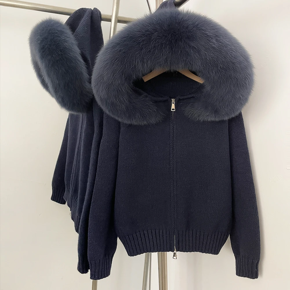 OFTBUY New Fashion Autumn Winter Casual Hooded Real Fox Fur Collar Fashion Short Knitted Jacket with Natural Fur Coat for Women