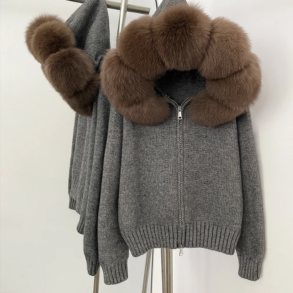 OFTBUY New Fashion Autumn Winter Casual Hooded Real Fox Fur Collar Fashion Short Knitted Jacket with Natural Fur Coat for Women