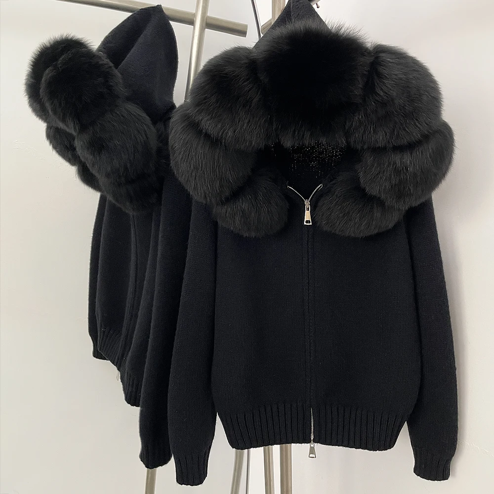 OFTBUY New Fashion Autumn Winter Casual Hooded Real Fox Fur Collar Fashion Short Knitted Jacket with Natural Fur Coat for Women