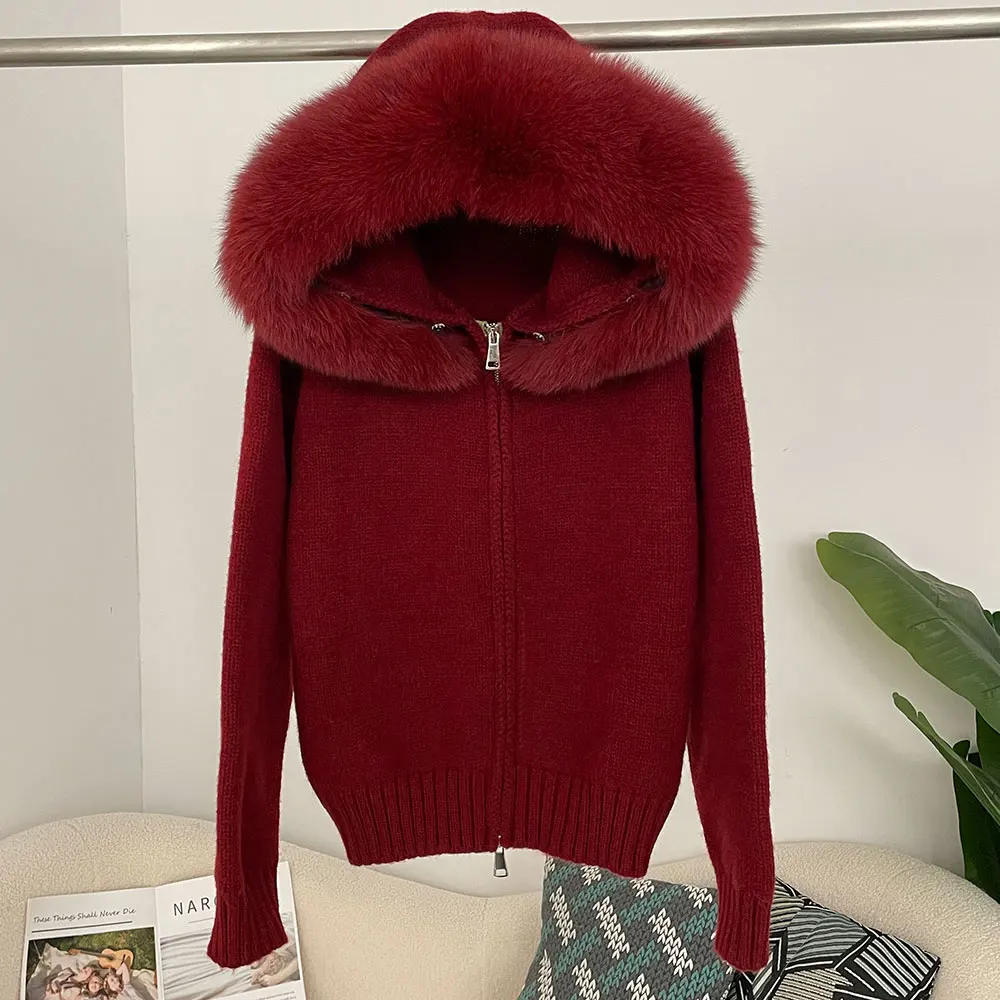 OFTBUY New Fashion Autumn Winter Casual Hooded Real Fox Fur Collar Fashion Short Knitted Jacket with Natural Fur Coat for Women