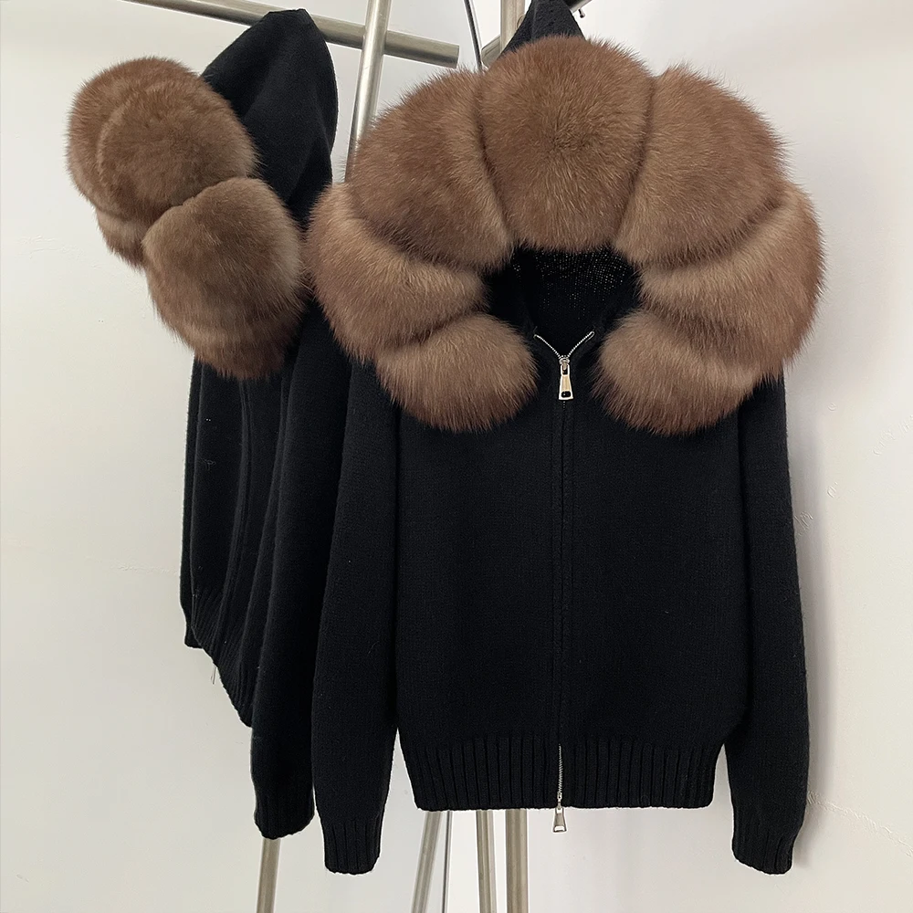 OFTBUY New Fashion Autumn Winter Casual Hooded Real Fox Fur Collar Fashion Short Knitted Jacket with Natural Fur Coat for Women