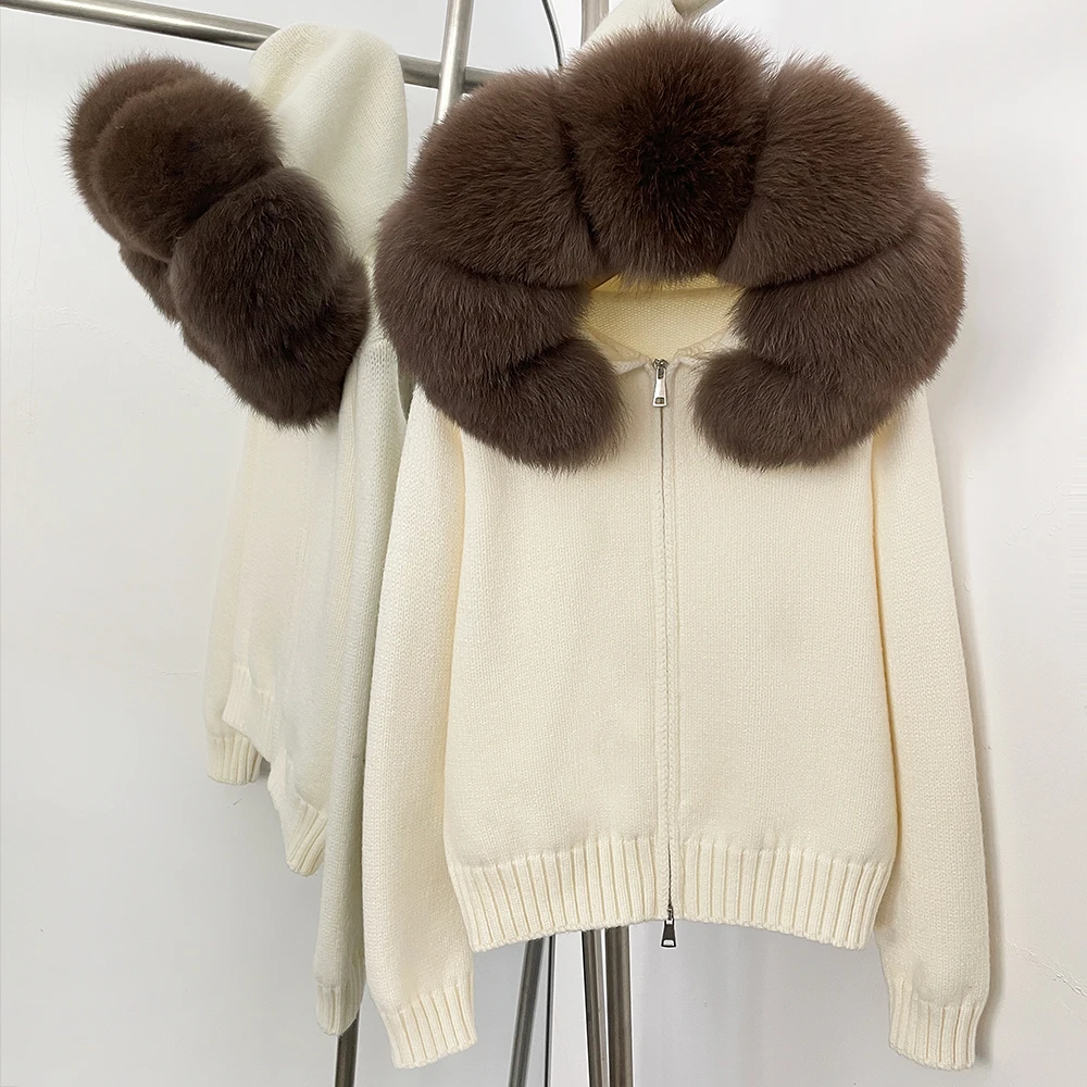 OFTBUY New Fashion Autumn Winter Casual Hooded Real Fox Fur Collar Fashion Short Knitted Jacket with Natural Fur Coat for Women