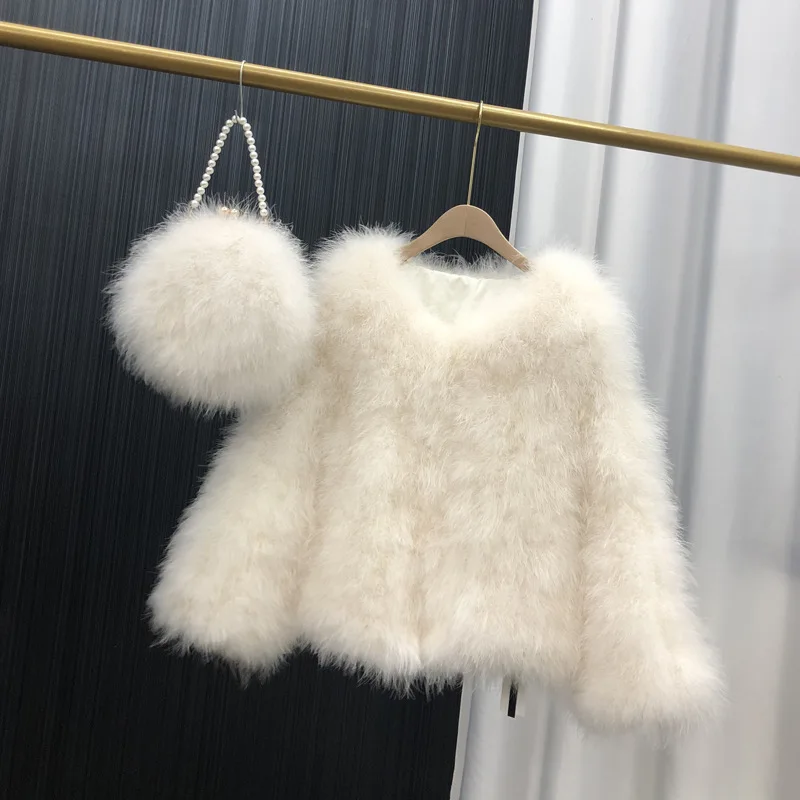 Ostrich Feather Coat for Women 100% Natural Fur Coats O Neck Long Sleeve Ladies Nightclub Turkey Jackets Winter Fashion