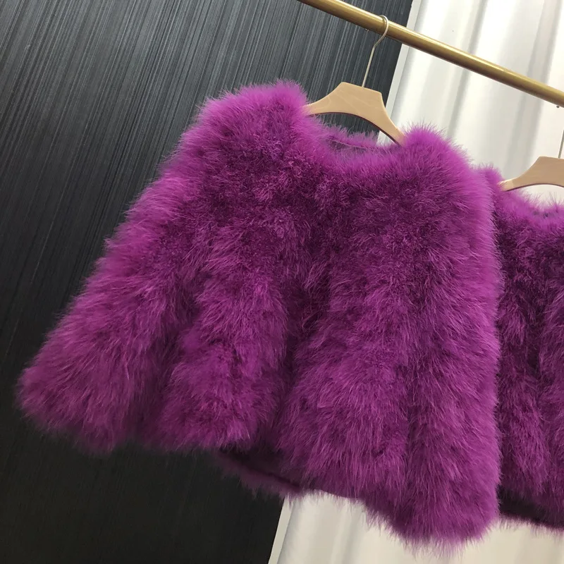 Ostrich Feather Coat for Women 100% Natural Fur Coats O Neck Long Sleeve Ladies Nightclub Turkey Jackets Winter Fashion