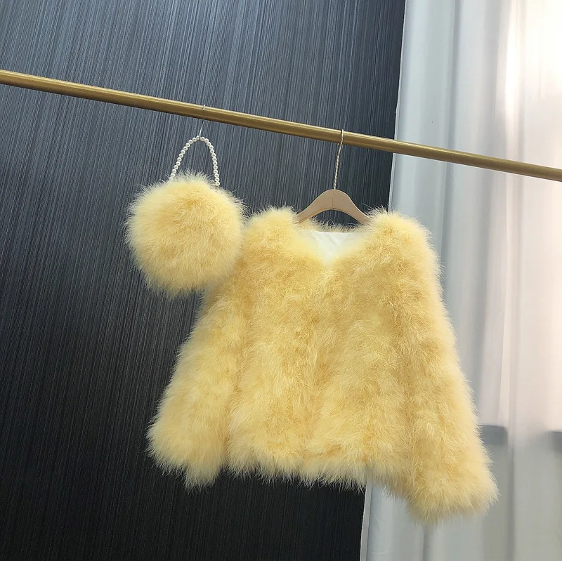 Ostrich Feather Coat for Women 100% Natural Fur Coats O Neck Long Sleeve Ladies Nightclub Turkey Jackets Winter Fashion