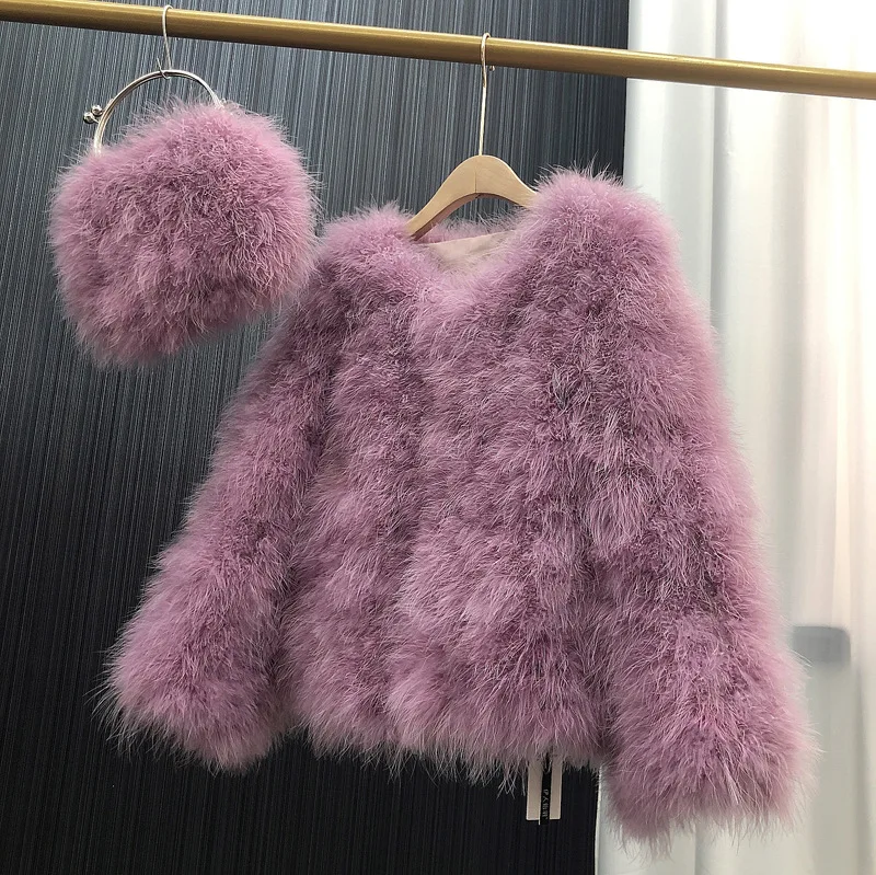 Ostrich Feather Coat for Women 100% Natural Fur Coats O Neck Long Sleeve Ladies Nightclub Turkey Jackets Winter Fashion
