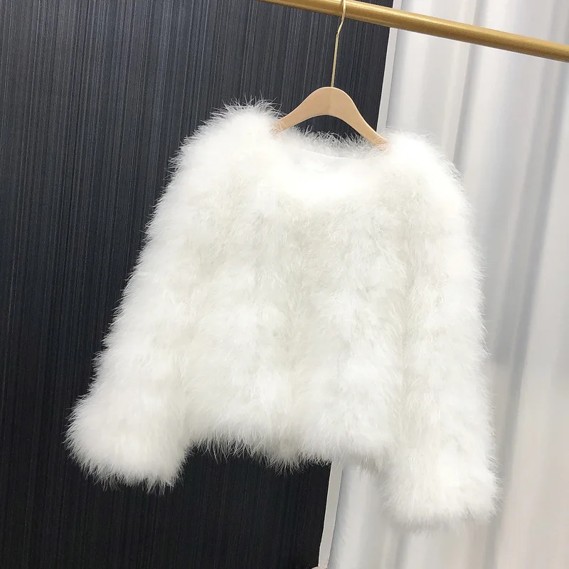 Ostrich Feather Coat for Women 100% Natural Fur Coats O Neck Long Sleeve Ladies Nightclub Turkey Jackets Winter Fashion