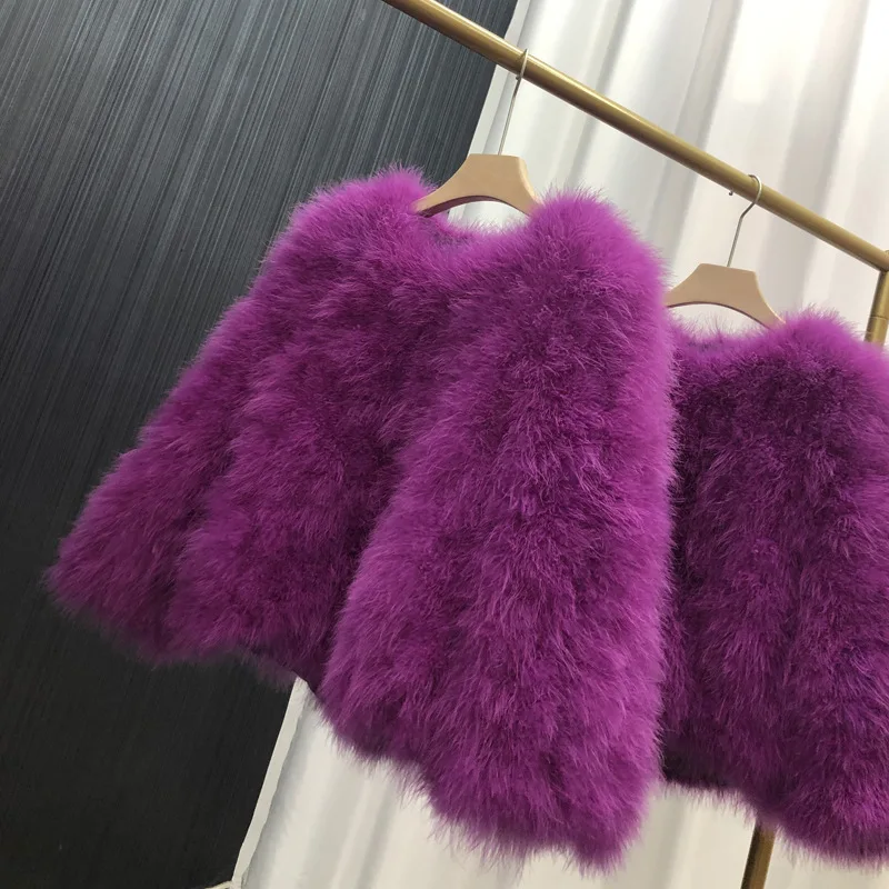 Ostrich Feather Coat for Women 100% Natural Fur Coats O Neck Long Sleeve Ladies Nightclub Turkey Jackets Winter Fashion