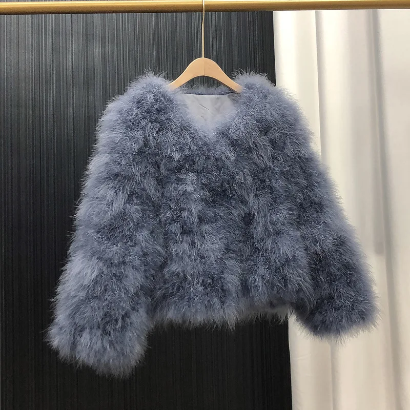 Ostrich Feather Coat for Women 100% Natural Fur Coats O Neck Long Sleeve Ladies Nightclub Turkey Jackets Winter Fashion