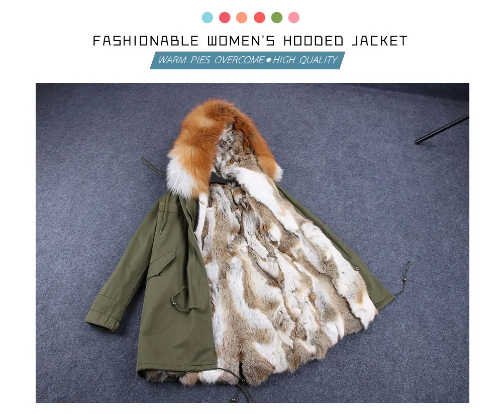 MMK fashion women's parka coat rabbit fur lining big raccoon fur collar winter coat jacket long hooded army green season warm ja